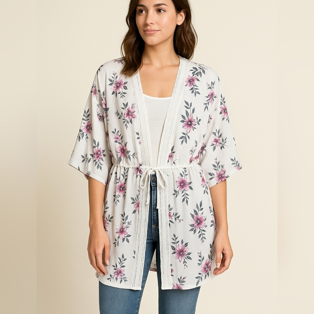 Ana Flowy Floral Kimono Single Tie 4X Adjustable Waist Crochet Ruana Cinch